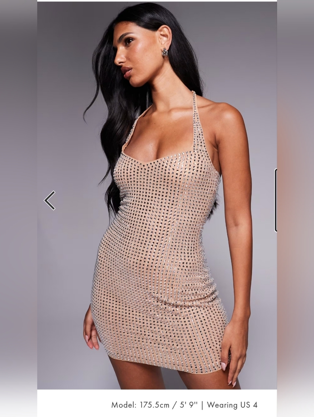 Oh Polly Halterneck Hot Fix Embellished Mini Dress Beige